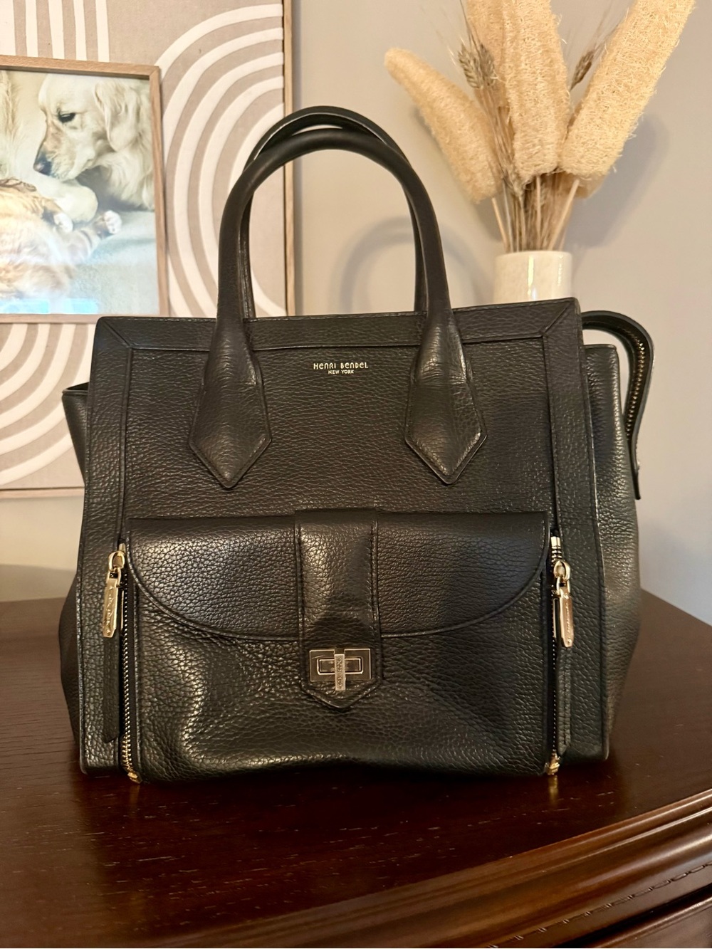 henri bendel Black Pebbled Leather Rivington  Tote with Front Pocket